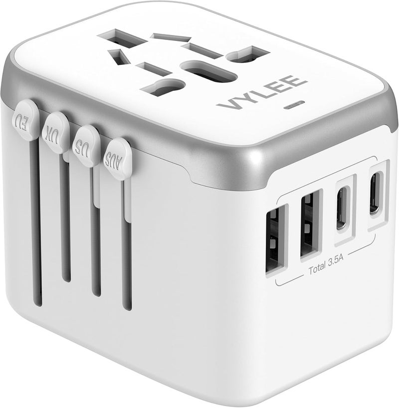 VYLEE Universal International Power Travel Plug Adapter, 5 in 1 European Travel Plug Adapter W/ 3.5A 2xUSB-A and 2xUSB C Wall Charger and Worldwide AC Outlet for Europe USA UK AUS Asia (White Grey) - Image 1